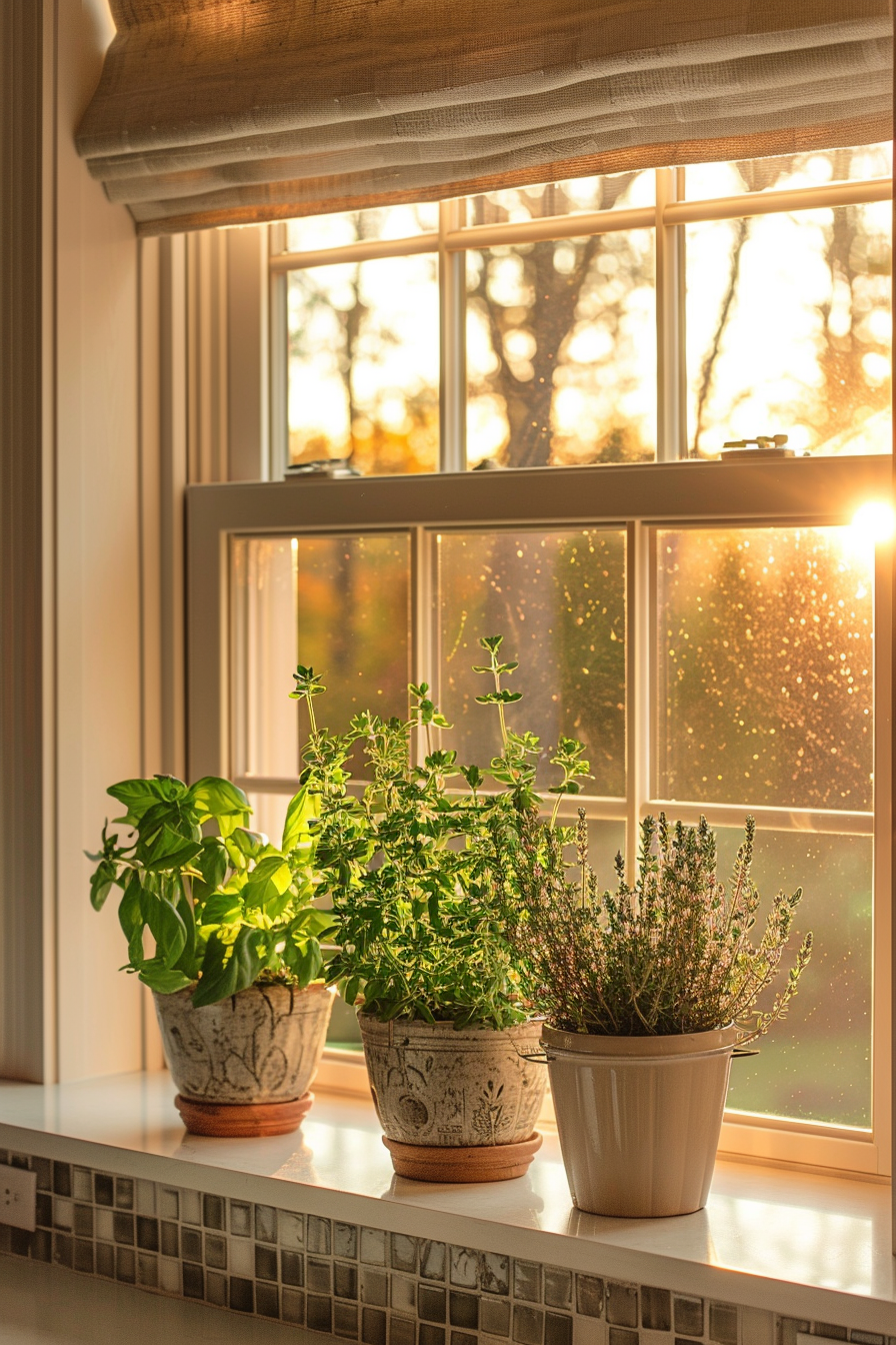 Warm sunlight streaming through a kitchen window onto potted herbs on a windowsill.