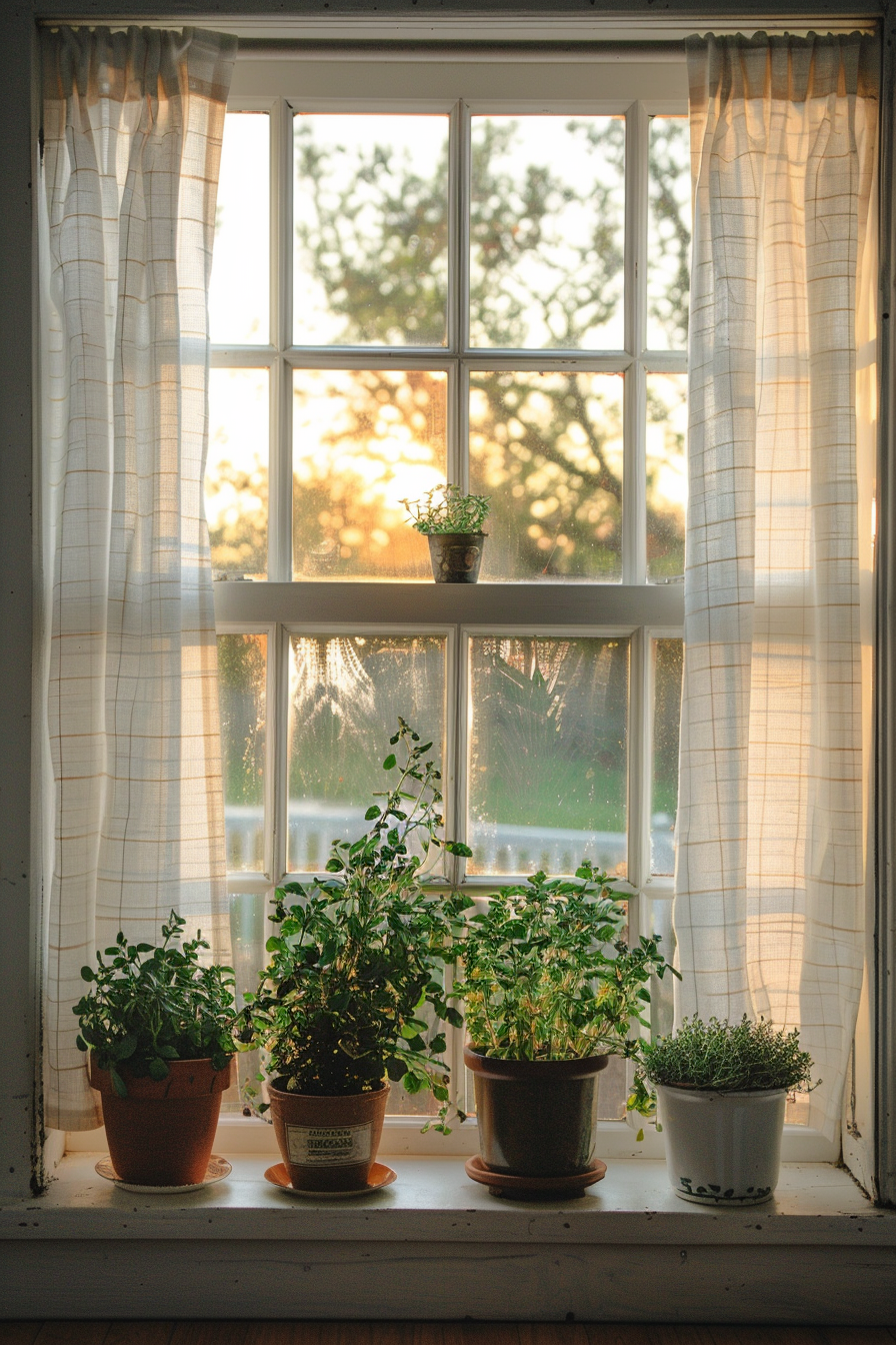 Sunset light streaming through a window with sheer curtains and a collection of potted herbs on the windowsill.