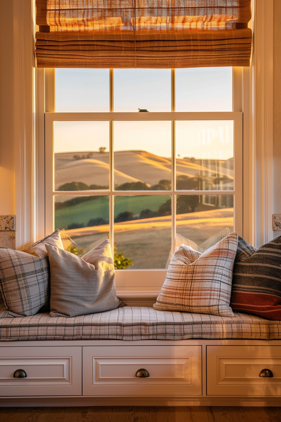 Cozy window seat with pillows overlooking rolling hills bathed in golden sunset light.