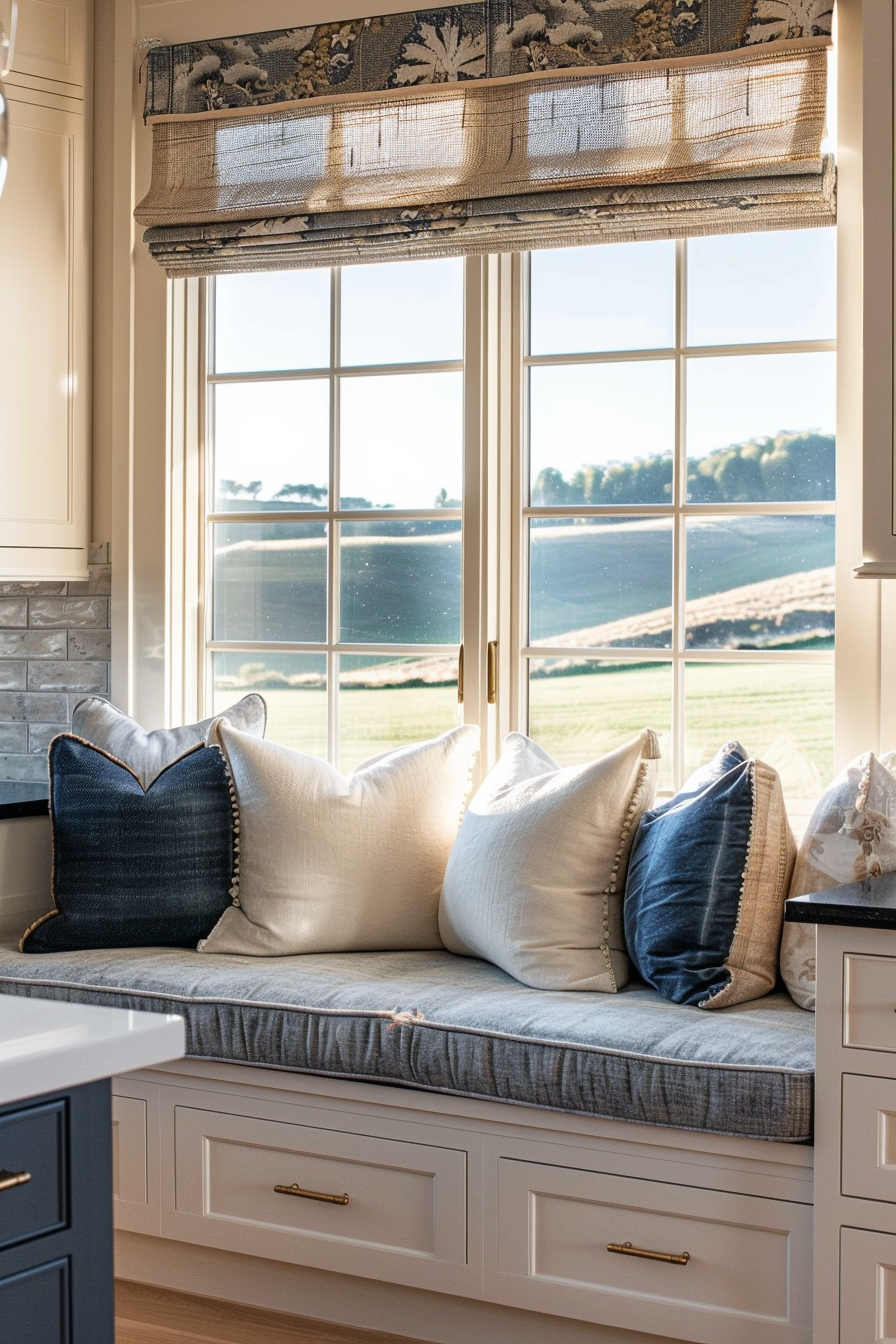 Cozy window nook with cushions and a view of rolling hills, framed by elegant curtains and warm sunlight.