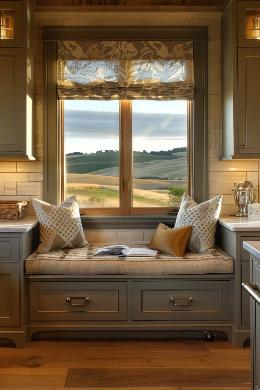 Cozy window seat with cushions, overlooking rolling hills, flanked by cabinetry in a warm, well-lit kitchen setting.