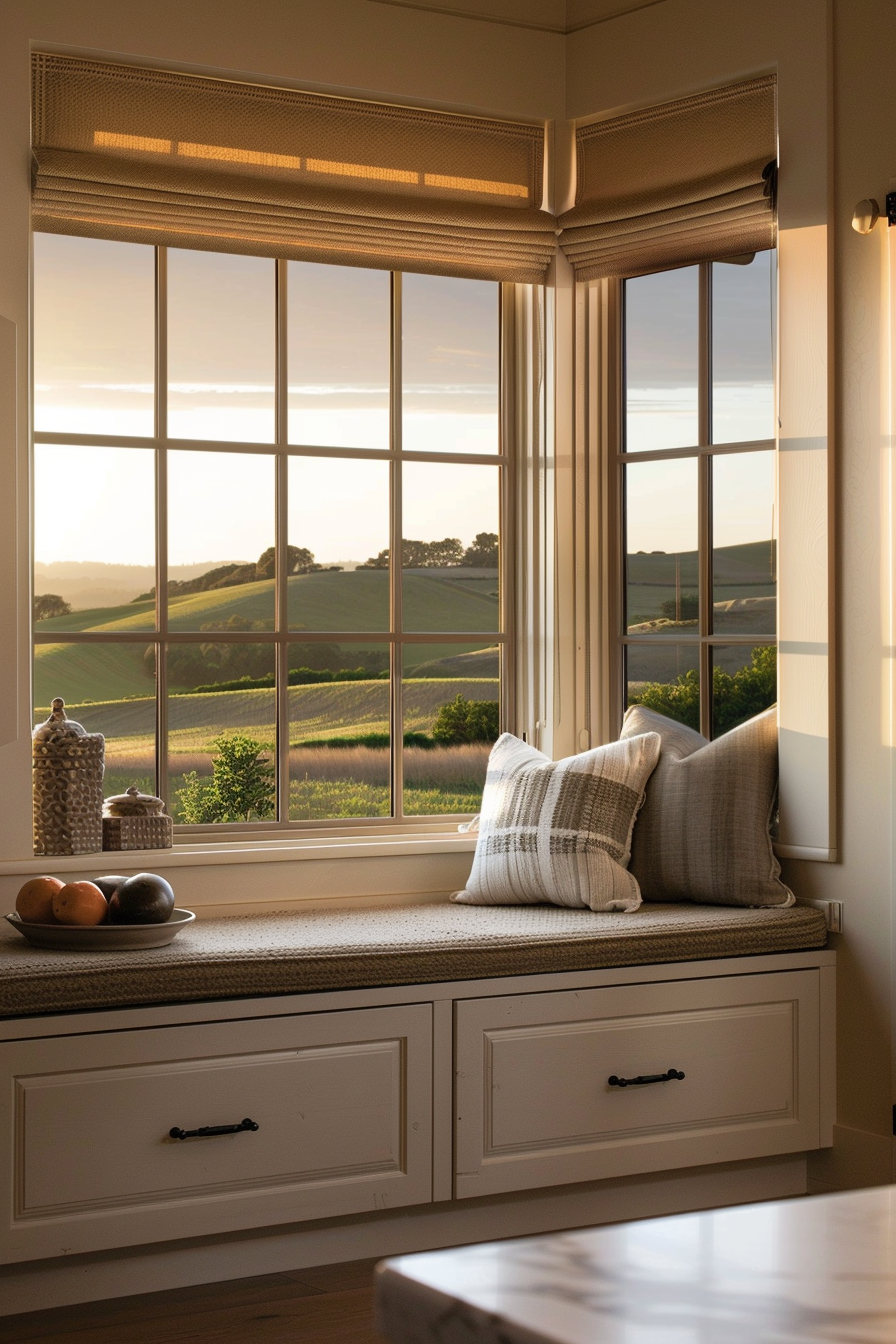 ALT text: "Cozy window seat with cushions, overlooking a scenic sunset view of rolling hills and fields."