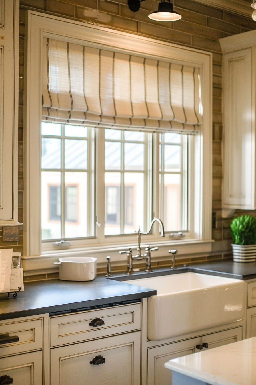 A well-lit kitchen interior with beige cabinetry, a farmhouse sink, dark countertops, and a window with a striped Roman shade.