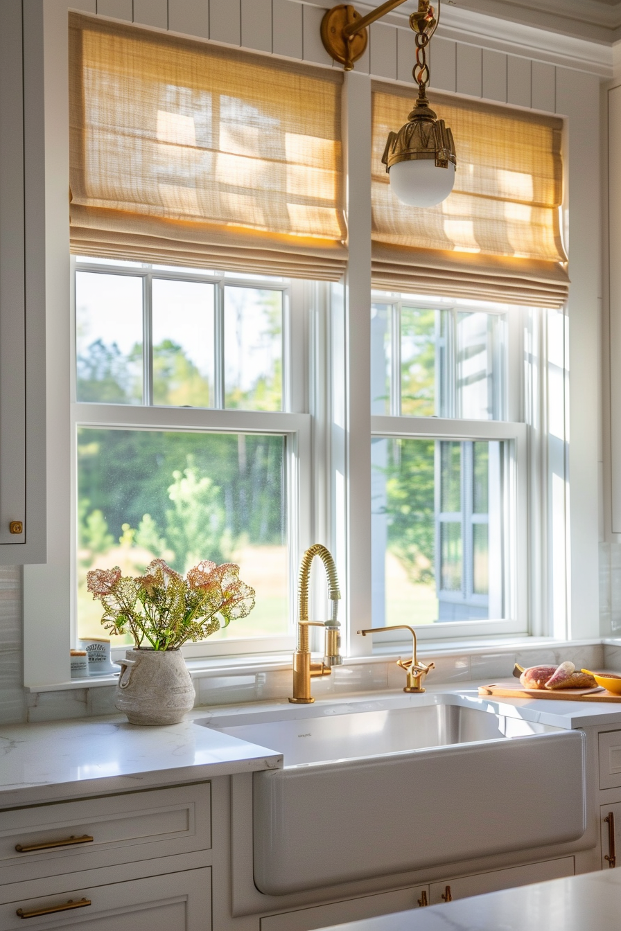 Bright kitchen interior with sunlight, an apron-front sink, gold faucet, and flowers on the countertop.