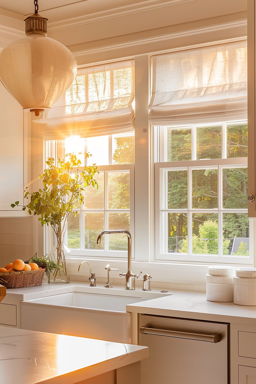 Sunlight streams through a kitchen window onto a sink, plants, and a basket of oranges on a white countertop.