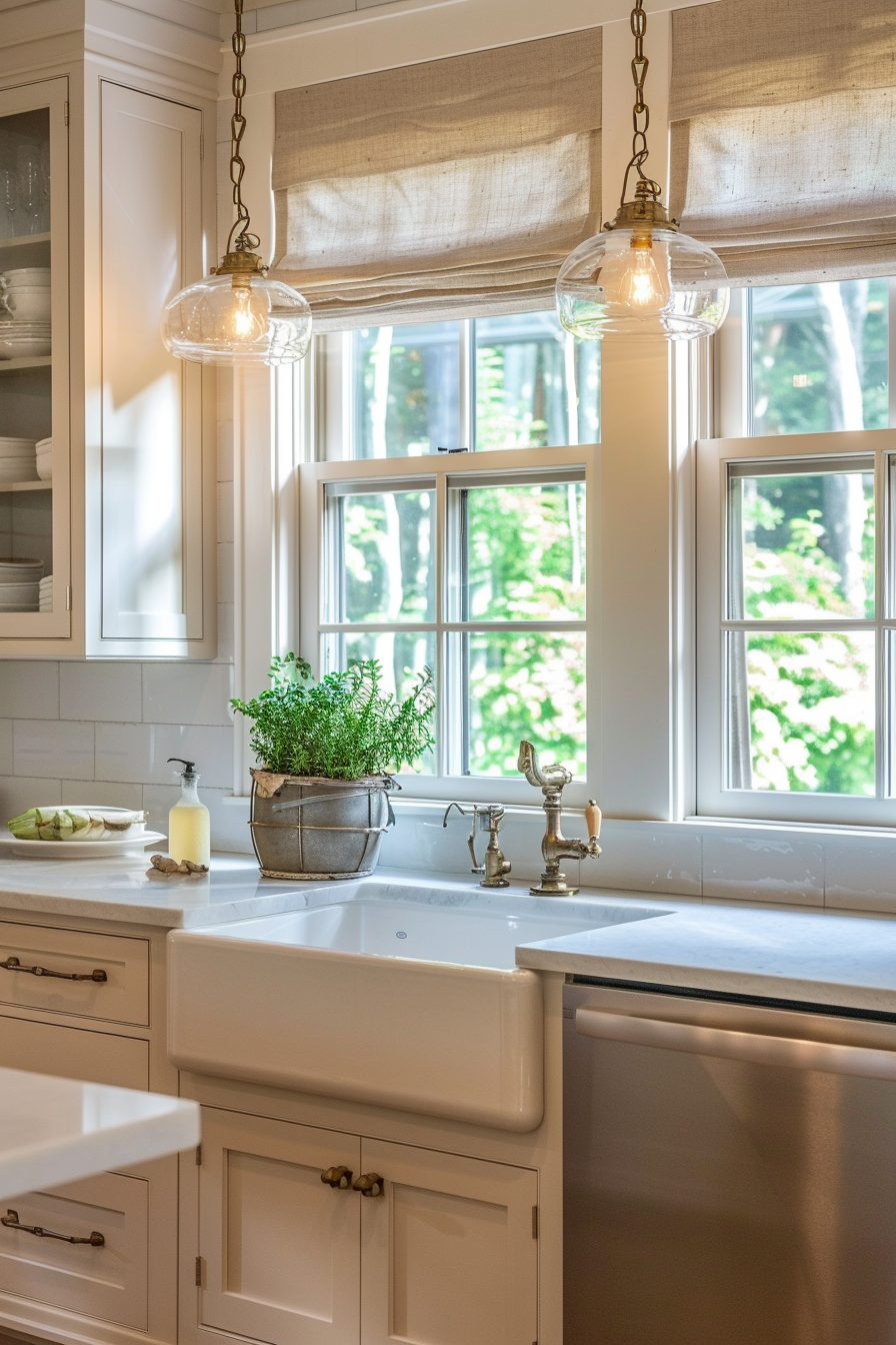 A bright, traditional kitchen with pendant lights, farm sink, plants on the window sill, and white cabinets.