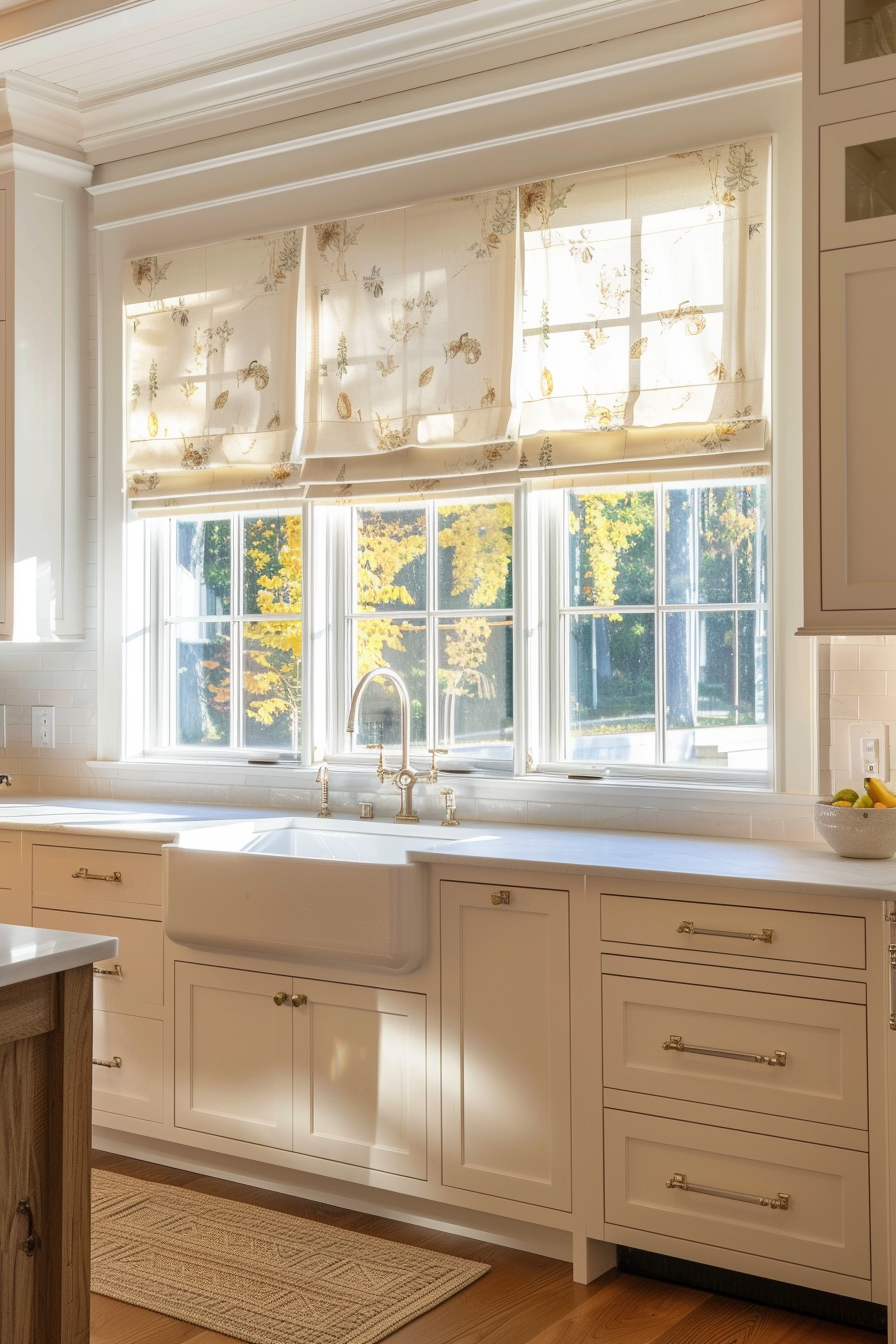 A bright, sunlit kitchen with white cabinets, a farmhouse sink, and a window with patterned roman shades overlooking autumn trees.