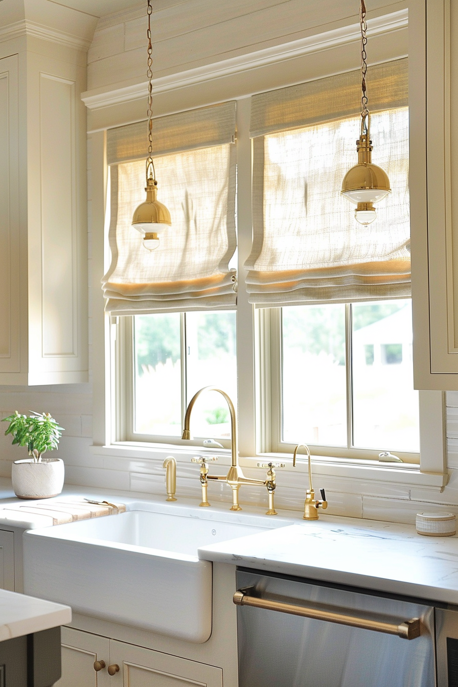 Bright kitchen with two windows draped in sheer curtains, brass fixtures, and pendant lights above a farmhouse sink.
