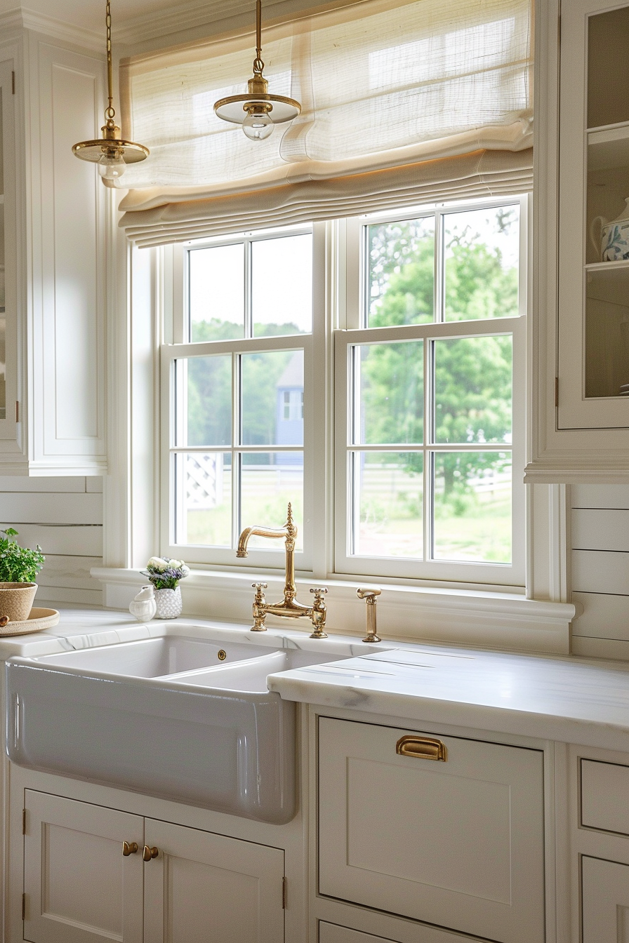 Bright kitchen interior with a farmhouse sink, gold faucet, and hanging lights near a window with a view of greenery.