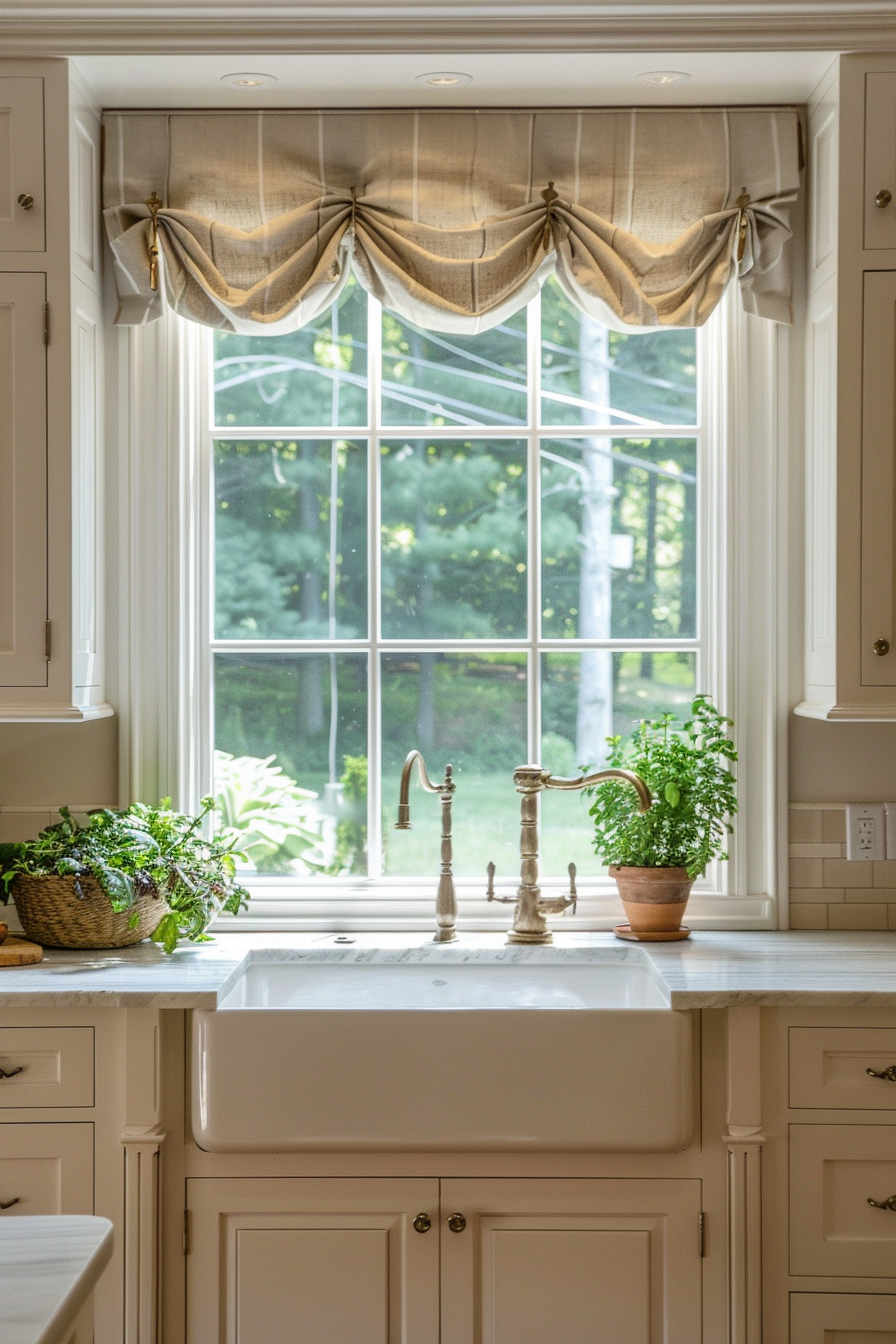 A cozy kitchen window with a classic faucet, adorned by potted plants and an elegant beige valance against a natural outdoor backdrop.