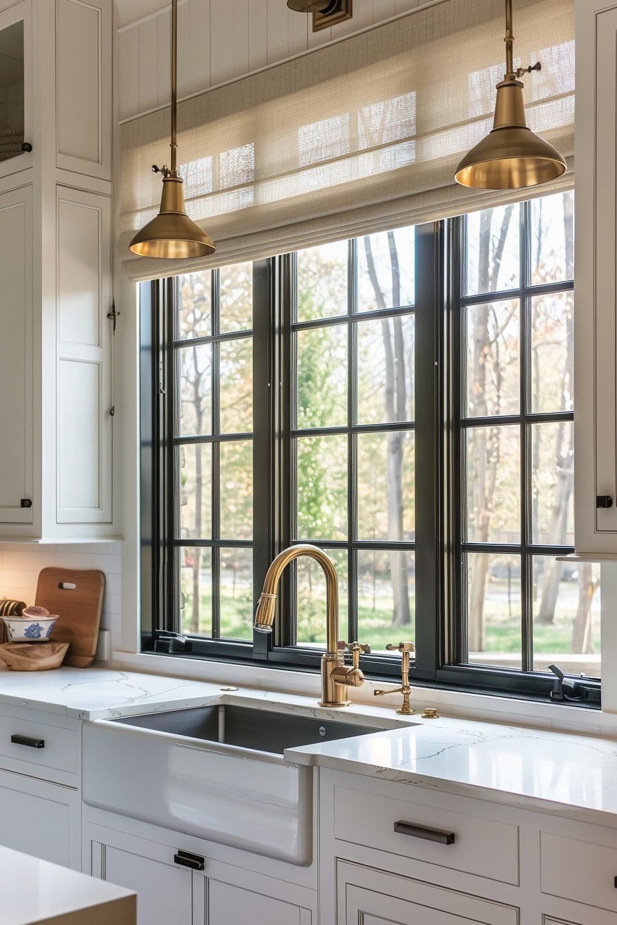 A modern kitchen interior with white cabinetry, brass fixtures, a farmhouse sink, and large windows overlooking trees outside.
