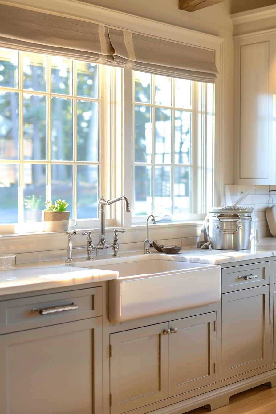 Sunlit kitchen interior with a vintage style white sink, faucet, and wooden cabinets in front of a large window with plants.