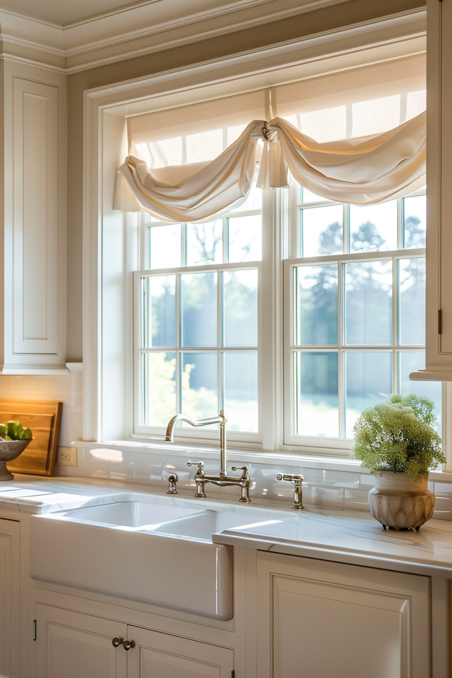 Elegant kitchen interior with white cabinets, farmhouse sink, brass faucet, and a draped window valance allowing natural light.