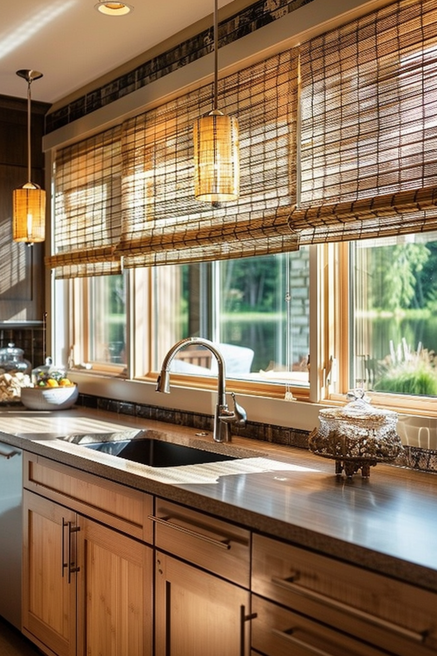 A cozy kitchen interior with bamboo shades, pendant lights, and a granite countertop with a sink, overlooking a sunny garden view.