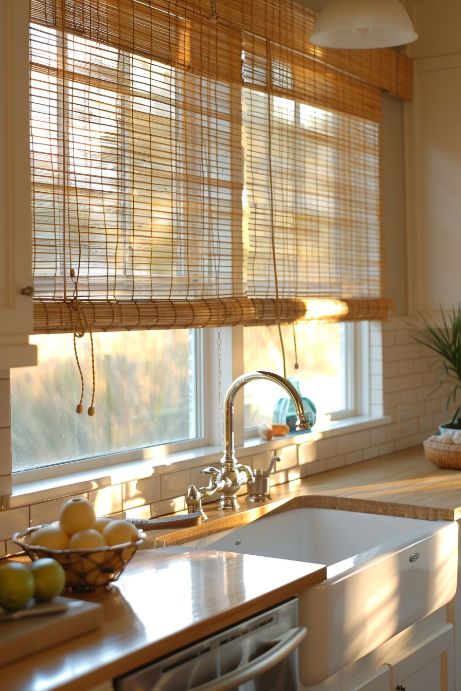 A sunlit kitchen with a bamboo blind window, a farmhouse sink, and a basket of lemons on the counter.