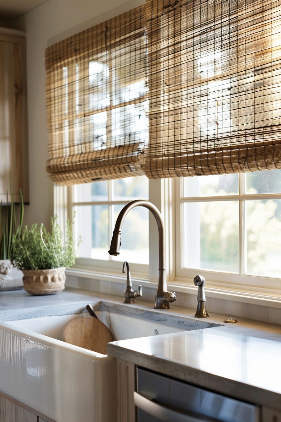 Sunlight filters through a bamboo window shade above a farmhouse kitchen sink with modern fixtures and fresh herbs on the sill.