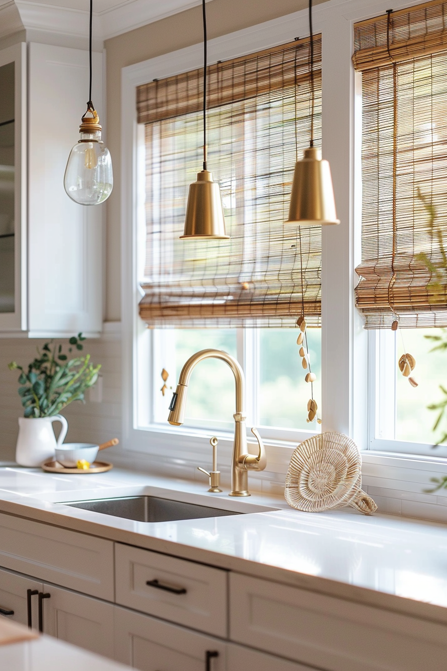 Bright kitchen interior with golden pendant lights, bamboo blinds, and a clean, white countertop with sink and decor.