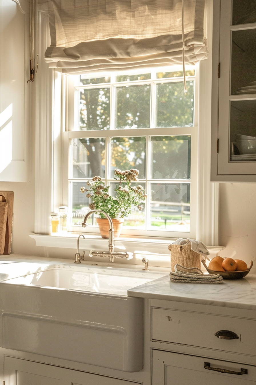 A cozy kitchen corner with sunlight streaming through a window, highlighting a potted plant and a white farmhouse sink.