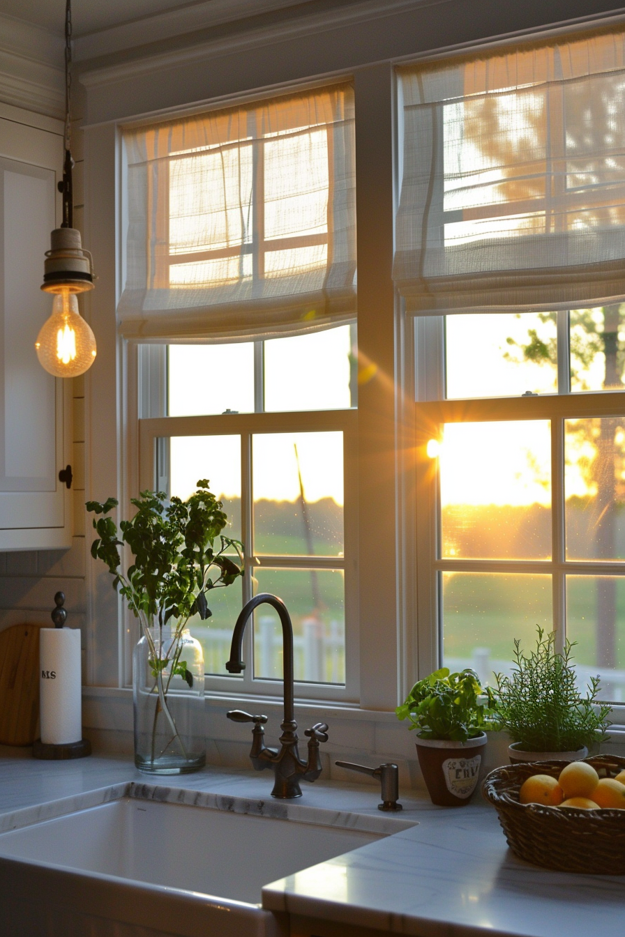 Sunset light streams through a kitchen window, illuminating plants on the sill and a basket of fruit by the sink.
