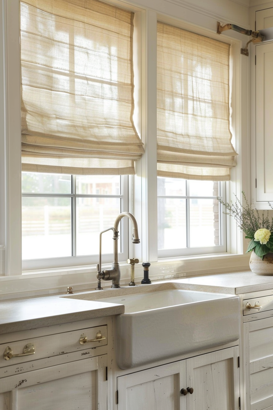 A cozy kitchen corner with sunlight filtering through beige roman shades above a farmhouse sink with a vintage-style faucet.