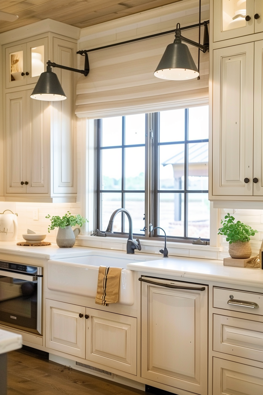 A cozy farmhouse-style kitchen with white cabinetry, a classic apron-front sink, and pendant lighting above the window.