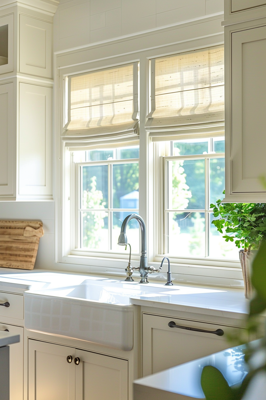 Bright kitchen interior with white farmhouse sink, faucet, and windows with light-filtering shades.