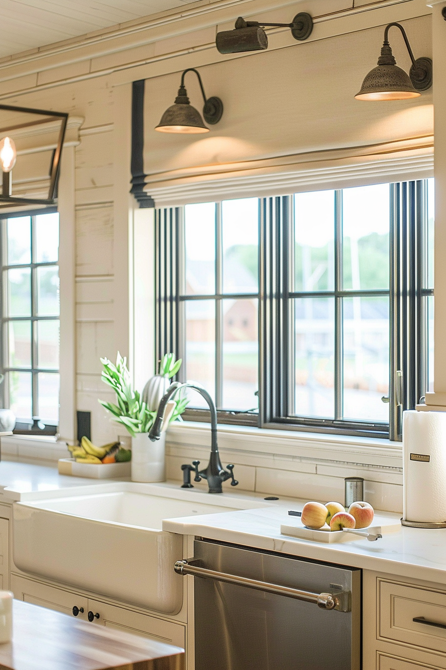 Bright and airy kitchen interior with vintage-style lighting over a window, farmhouse sink, and fresh produce on the counter.