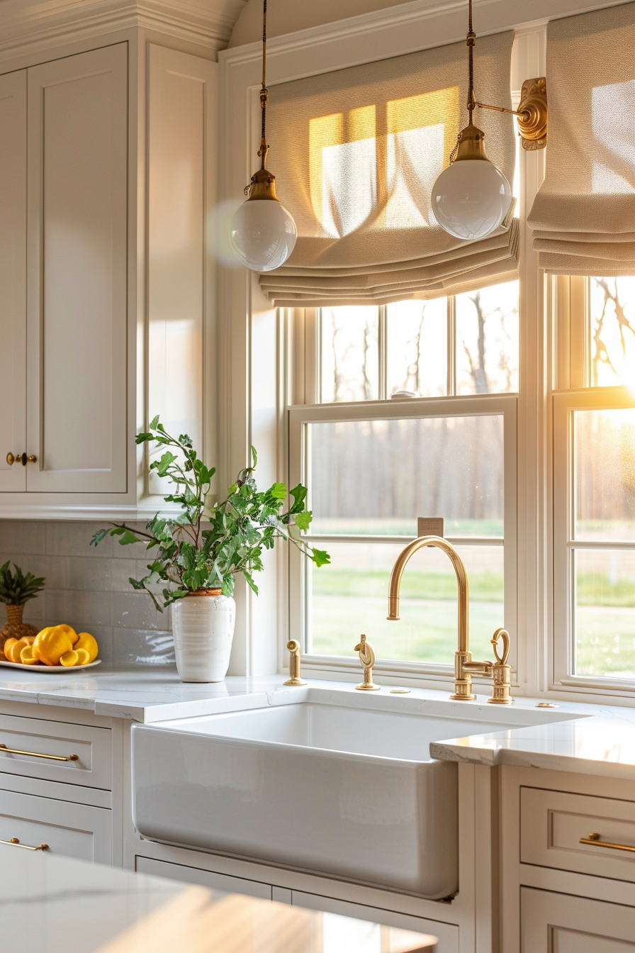 Bright kitchen interior with a farmhouse sink, gold faucet, potted plant, and pendant lights. Sunlight filters through the window.