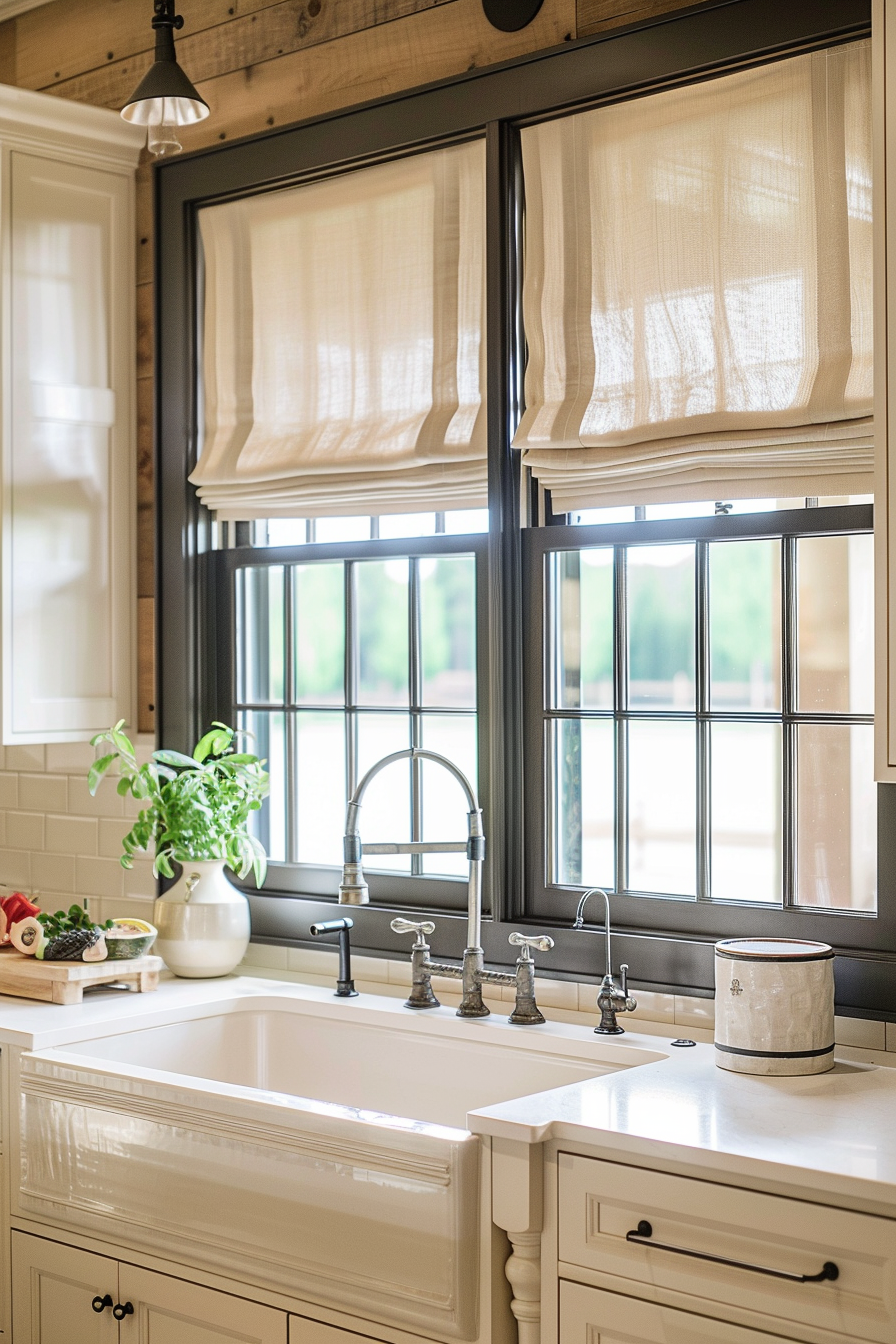 A bright kitchen with white cabinetry and countertops, featuring a farmhouse sink with a vintage-style faucet beneath windows with beige Roman shades.