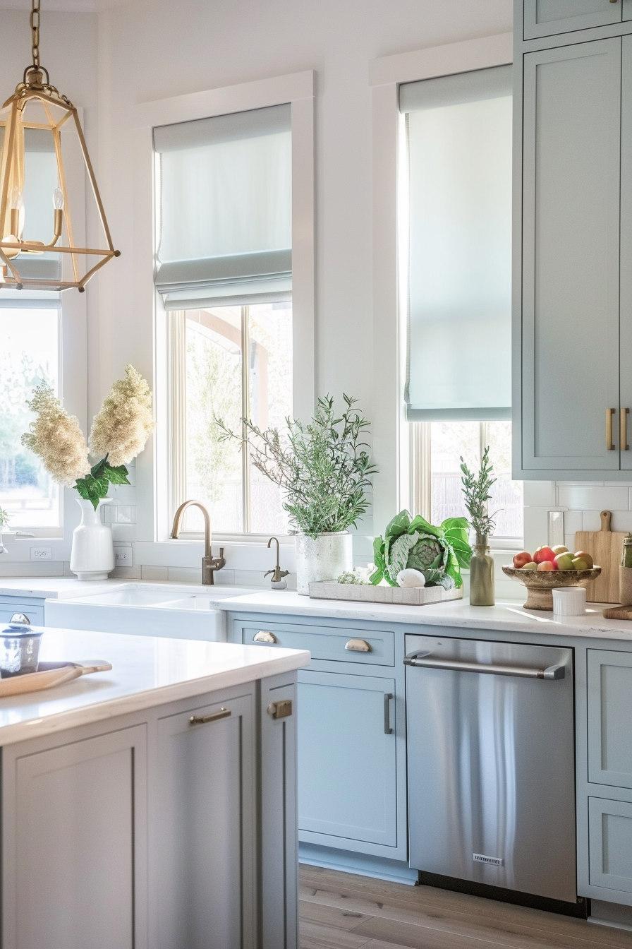 A bright kitchen interior with light blue cabinets, white countertops, a gold pendant light, and decorative greenery by the windows.