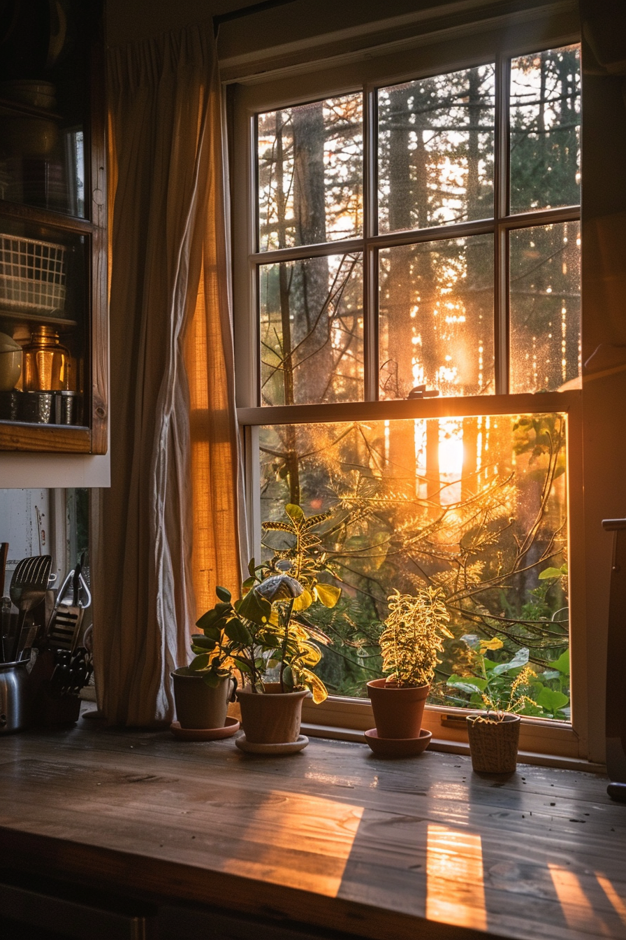Warm sunset light filters through a forest and into a cozy kitchen with potted plants on the windowsill.