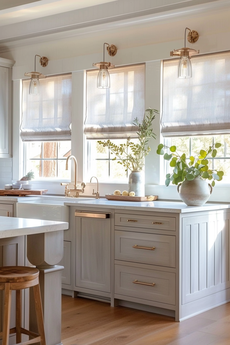 Bright, sunny kitchen with gray cabinets, gold hardware, roman shades on windows, and greenery on countertops.