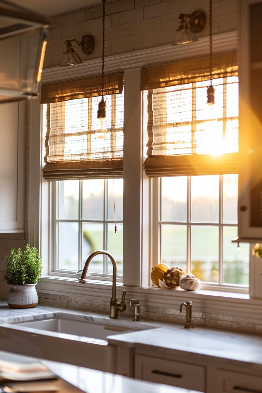 Warm sunlight streams through a kitchen window with bamboo shades, illuminating a sink, countertop, and potted plant.