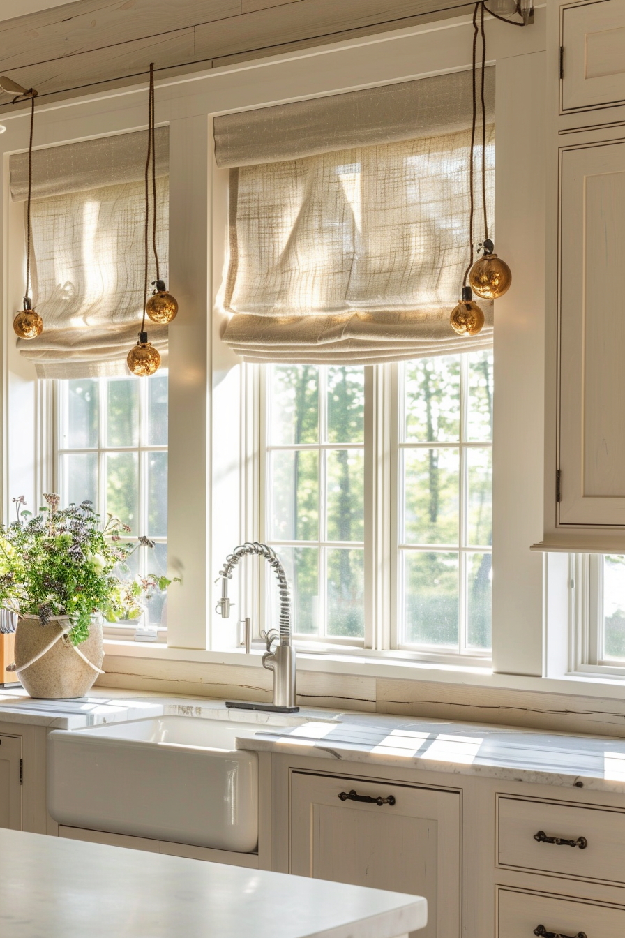 Bright kitchen interior with Roman shades on windows, pendant lights, and a sink with flowers on the counter.