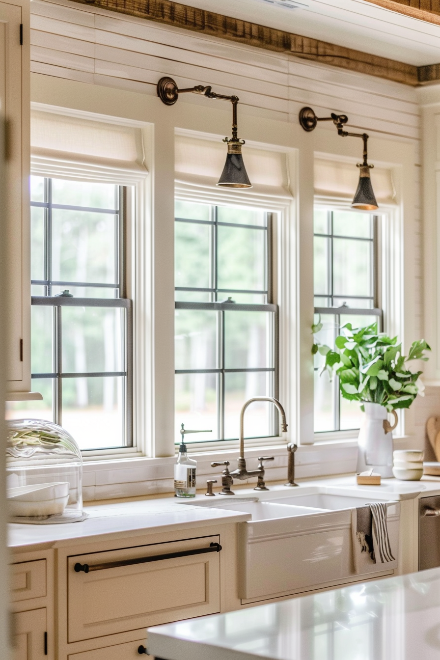 A bright kitchen with white cabinets, marble countertops, and a double sink with a vintage faucet, illuminated by pendant lights.