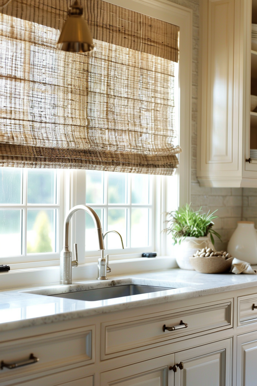 Elegant kitchen interior with a woven roman shade drawn halfway, a stainless steel faucet over a sink, and decorative plants on the countertop.