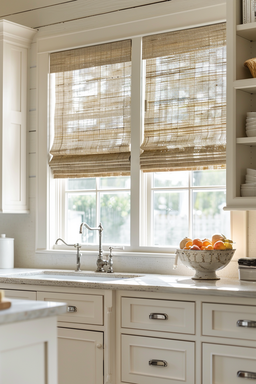 A sunlit kitchen with beige roman shades on the window, white cabinetry, and a bowl of citrus fruits on the counter.