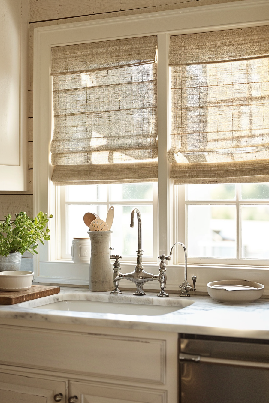 Cozy kitchen corner with sunlight filtering through beige roman shades, vintage faucet, and utensils in a rustic pitcher.