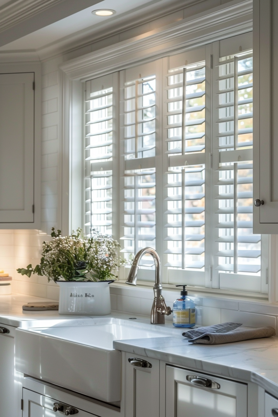 Bright kitchen interior with white cabinets, farmhouse sink, marble countertop, and a bouquet of flowers by the window with shutters.