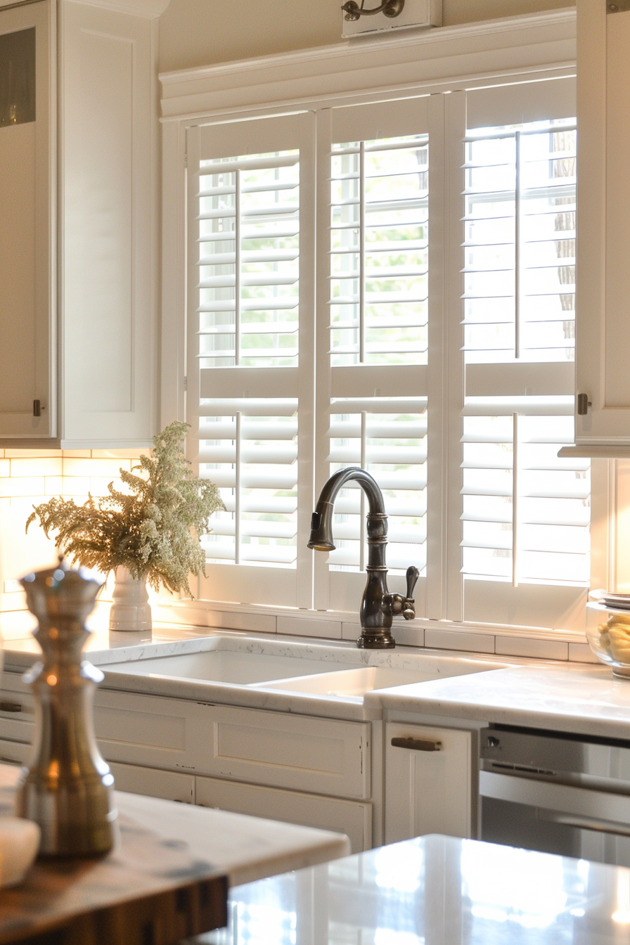Bright, modern kitchen with white cabinetry, marble countertops, traditional faucet, and plantation shutters on windows.
