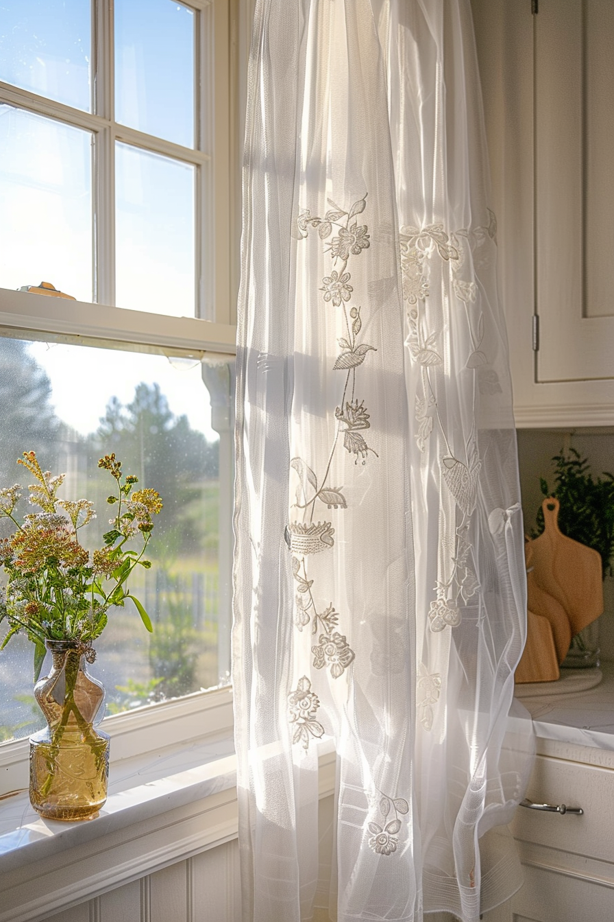Sunlight filtering through a sheer curtain with floral designs by a window, next to a vase with wildflowers on a windowsill.
