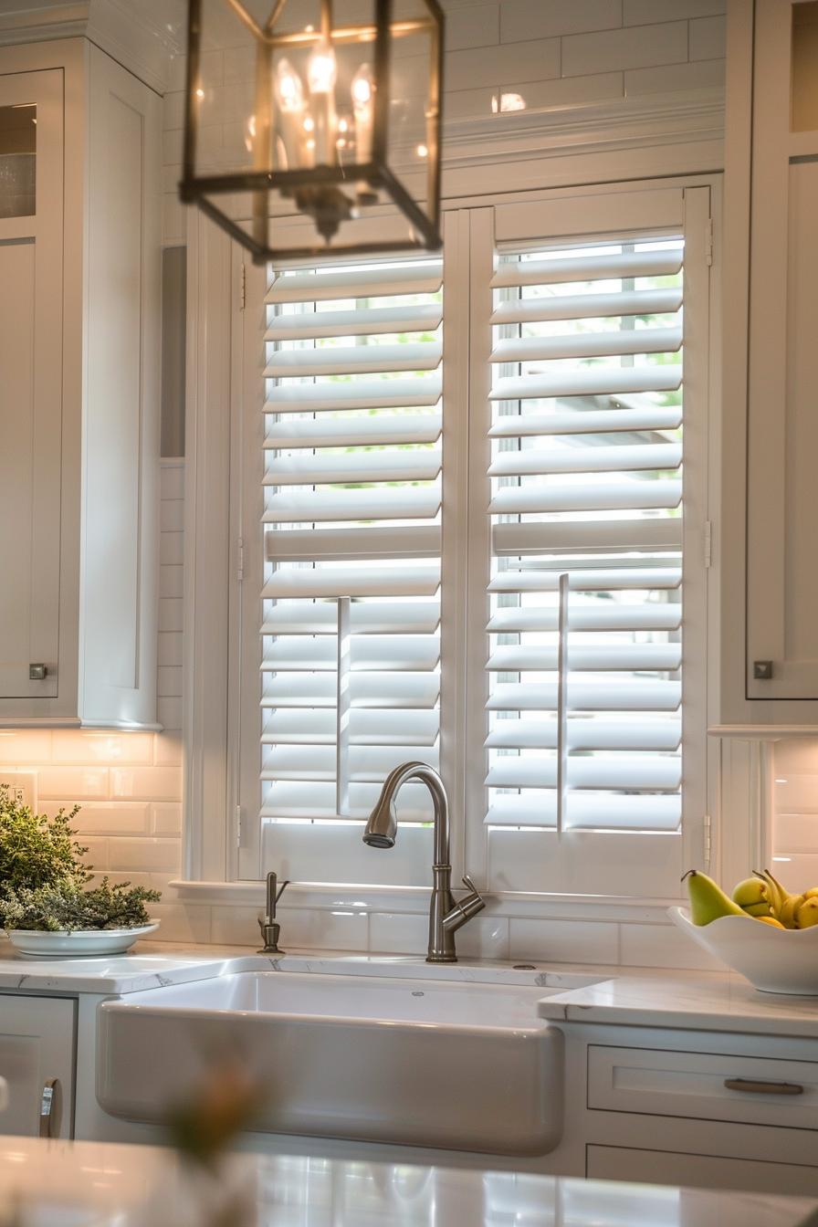 A modern kitchen interior with white cabinetry, farmhouse sink, faucet, and a bowl of fruit on the counter under bright window shutters.