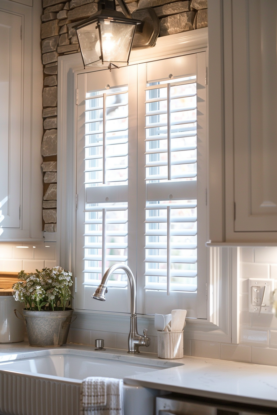 Cozy kitchen interior with natural light streaming through white shutters, highlighting a farmhouse sink and faucet.