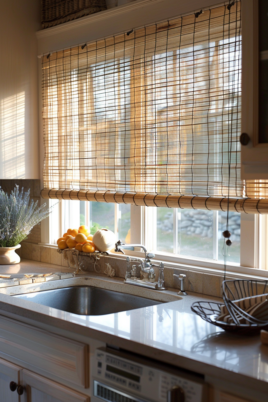 Warm sunlight filters through a bamboo blind in a cozy kitchen, highlighting a bowl of lemons on the windowsill.