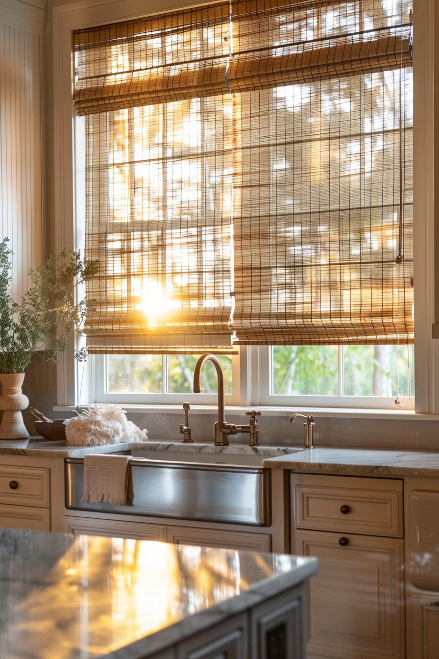 Warm sunlight streaming through bamboo blinds onto a farmhouse sink in a cozy kitchen setting with reflective countertops.