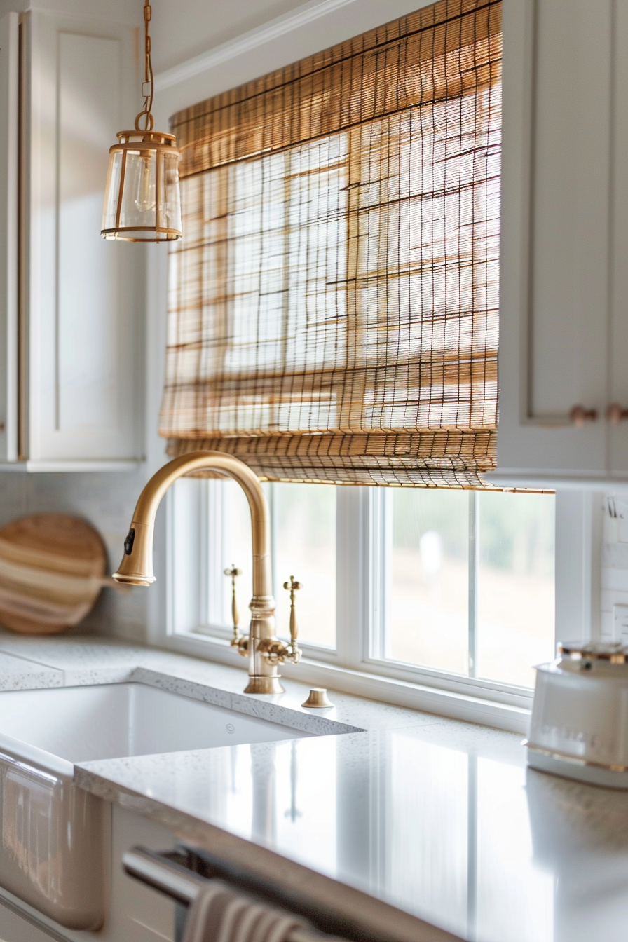 A cozy kitchen interior with a bamboo window shade, a brass faucet over a white sink, and a hanging pendant light.