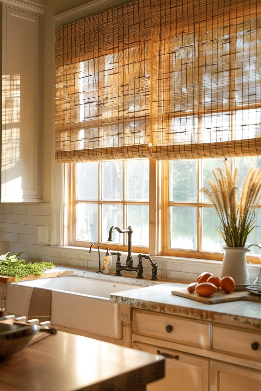 Cozy kitchen interior with warm sunlight filtering through bamboo shades onto a farmhouse sink, fresh herbs, and eggs on the counter.