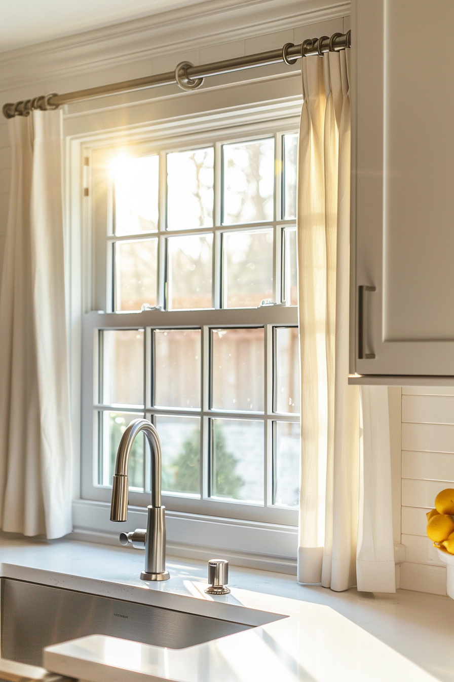 Sunlight streams through a kitchen window with elegant white drapes, highlighting a modern sink and faucet.