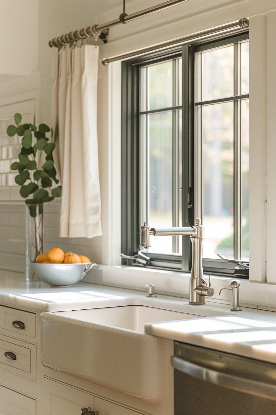 A bright, sunlit kitchen with a farmhouse sink, stainless steel faucet, and a bowl of pumpkins on the window sill.