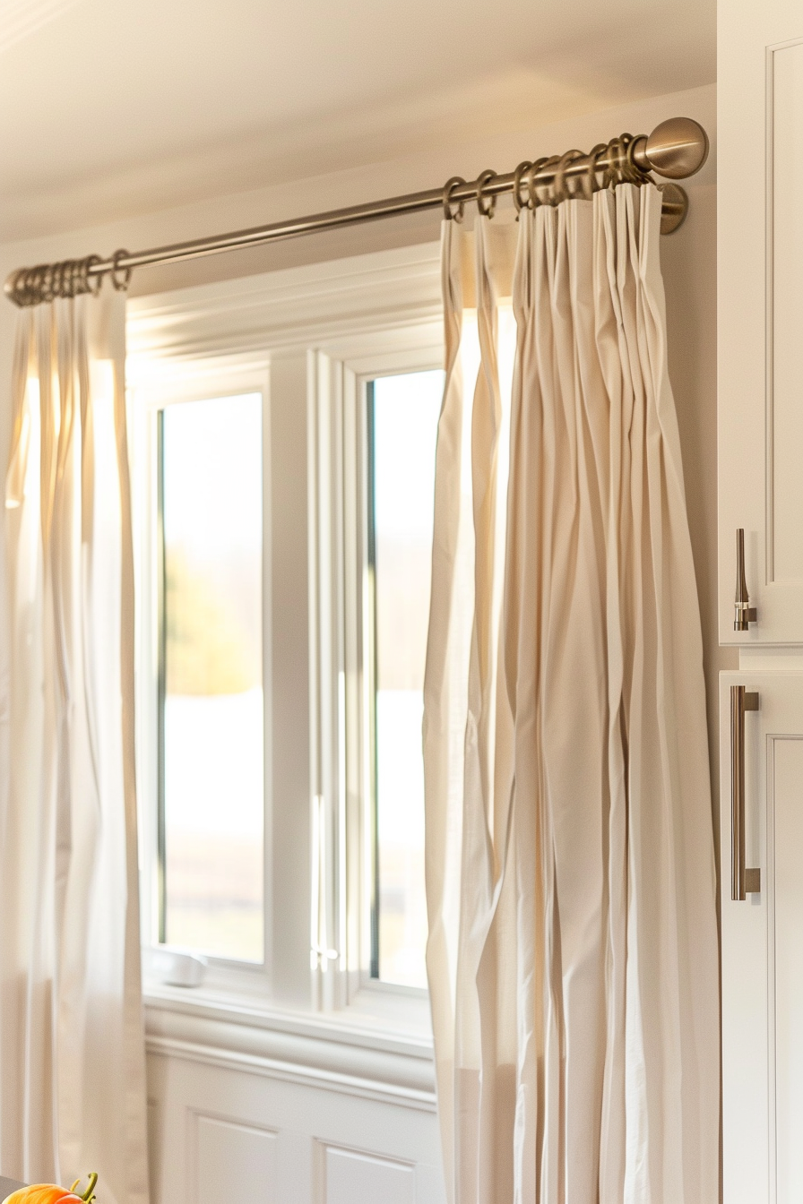 Elegant cream-colored curtains hanging on a metal rod by a bright window in a room with white trim.